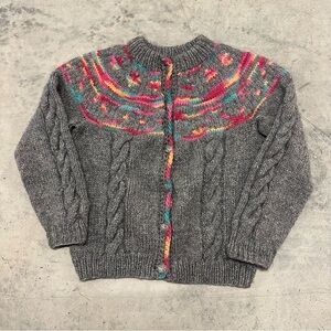 Icelandic Hand Knit Wool Cardigan Sweater Women's L Nordic Vintage Fair Isle